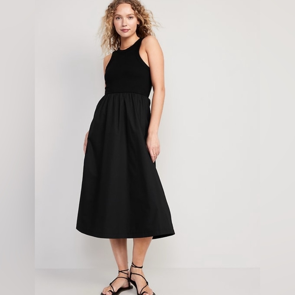 Old Navy Black Fit & Flare High-Neck Combination Midi Dress